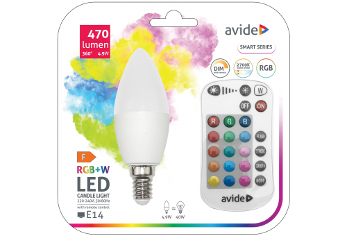 Bec LED Smart lumânare 4.9W RGB+W cu telecomandă IR Avide